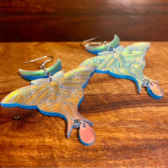 New Iridescent Luna Moth Laser Acrylic Earrings - Picture 8 of 10